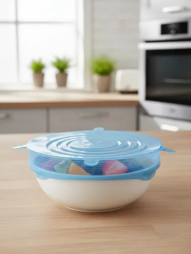 Vista 4 de Paquete de 6 tapas elásticas de silicona, fundas reutilizables para almacenamiento de alimentos, aptas para microondas, congelador y lavavajillas