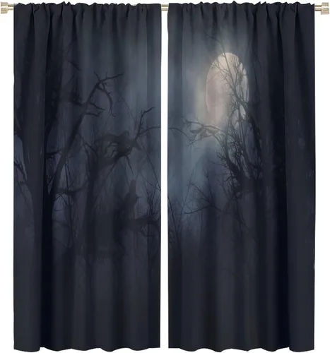 Vista 28 de Cortinas góticas rústicas con estampado de cuervo de bosque brumoso, rama, luna, bolsillo para barra, cortinas de ventana para dormitorio, sala