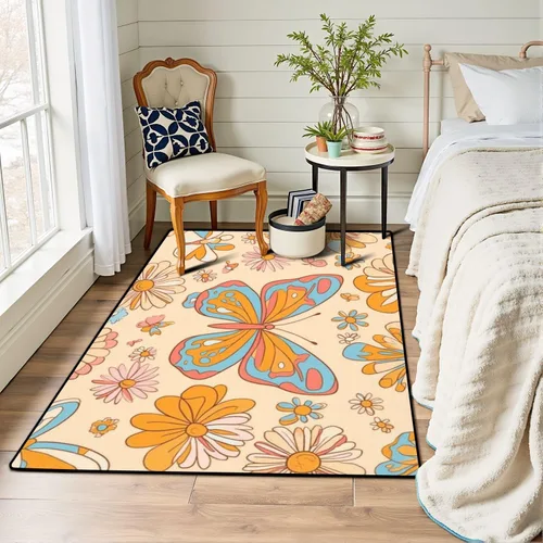 Vista 7 de Alfombra retro de los años 70 y 60, diseño hippie de verano, con diseño de mariposas y flores, alfombra de juego para exteriores, alfombra de juego