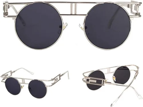 Vista 4 de kachawoo Gafas de sol redondas góticas steampunk para hombre, gafas de sol de metal retro, accesorios para mujer