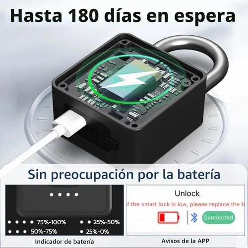 Vista 3 de Candado de huellas dactilares con código, cerradura de combinación para casillero con acceso a la aplicación Bluetooth, cerradura de puerta digital