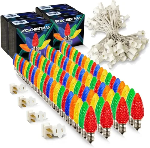 Vista 16 de Pro Christmas - Kit de luces C9 para exteriores, blanco cálido, cable verde, 50 bombillas, 50 pies