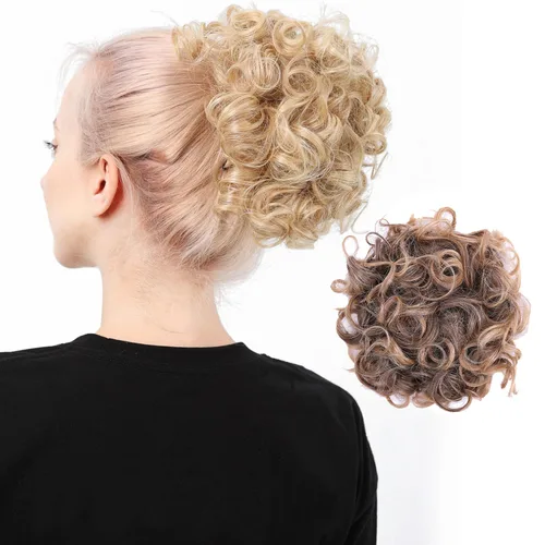 Vista 9 de Moño de cabello rizado desordenado, pieza de cabello sintético resistente al calor, extensiones de moño de cabello despeinado con cordón Updos Negro