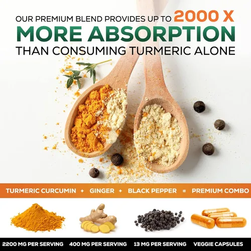 Vista 6 de Suplemento de curcumina de cúrcuma – 2000 mg de cúrcuma orgánica por porción – 95% curcuminoides, jengibre y pimienta negra BioPerine para una mejor