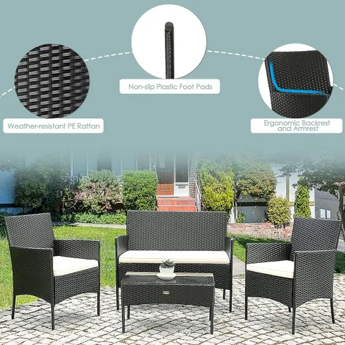 Vista 9 de Juego de muebles de patio de 4 piezas, juego de conversación al aire libre con respaldo ergonómico curvo, juego de sillas de patio con cojín
