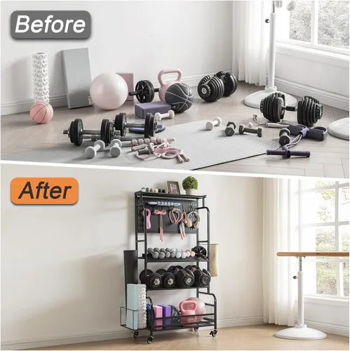 Vista 7 de 56'' Taller Home Gym Storage Organizer, Red Modern Alloy Steel Workout Equipment Storage Rack with Wheels and Hooks