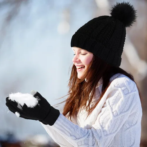 Vista 7 de Sureio Conjunto de 27 piezas de gorro de punto con pompón, bufanda cálida, guantes para pantalla táctil, gorro de punto para mujer