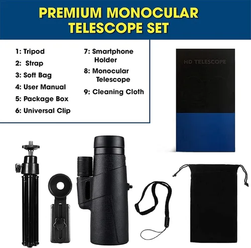 Vista 4 de Nuevo monóculo impermeable, telescopio monocular de alta definición de 12 x 50 con trípode y adaptador de teléfono inteligente, prisma BAK4