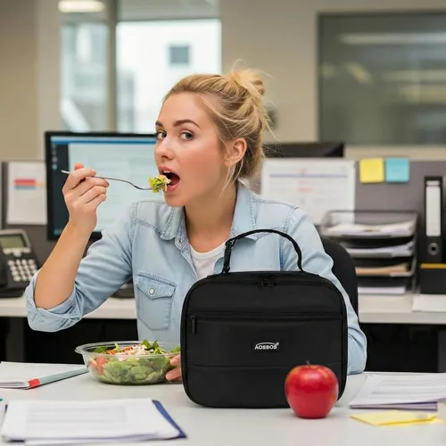 Vista 2 de Aosbos - Bolsa de almuerzo aislada para adultos - Elegante lonchera pequeña en sarga para trabajo, oficina - Bolsa de almuerzo suave y portátil