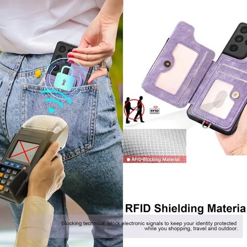 Vista 2 de Funda para Samsung S21 Ultra con tarjetero y soporte de anillo, bloqueo RFID, correa de muñeca, protector de cámara, cierre magnético de cuero