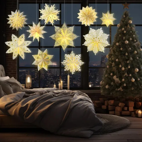 Vista 4 de Mudder 10 piezas de linterna de papel copo de nieve, linterna de papel estrella con 14 luces LED, lámpara de papel, decoración colgante de fiesta