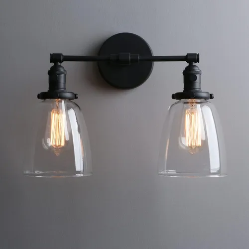 Vista 7 de Phansthy Apliques de pared industriales retro de 2 luces, lámpara de tocador de baño, lámpara de pared con doble pantalla de vidrio transparente