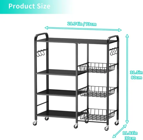 Vista 7 de HapiRm - Carrito rodante de cocina con microondas de 4 niveles - Soporte de mesa para microondas con cestas extraíbles, estante de almacenamiento
