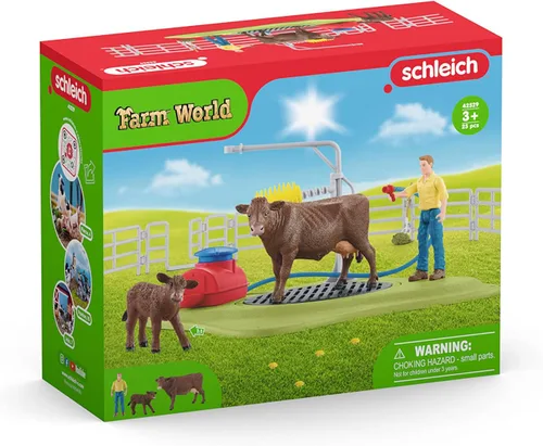 Vista 9 de Schleich Farm World, juguetes de animales de granja para niños, Happy Cow Wash con juguetes de vaca y área de lavado de trabajo, juego de 16 piezas