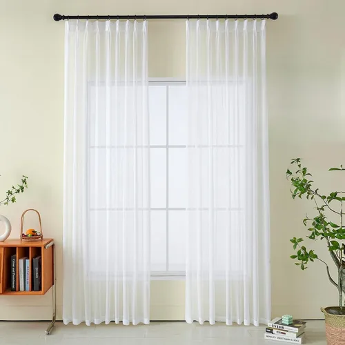 Vista 10 de Cortinas plisadas negras traslúcidas de 84 pulgadas de largo, 2 paneles para dormitorio, lino texturizado, ganchos transparentes para pista