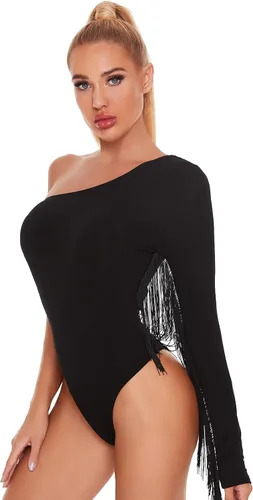Vista 4 de VERDUSA Bodysuit de manga larga con un solo hombro y ribete de flecos para mujer
