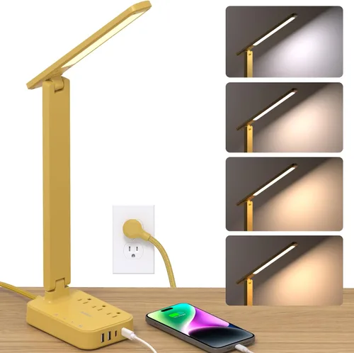 Vista 9 de Addtam Lámpara LED de escritorio, tira de alimentación con 3 tomas, 4 puertos de carga USB (2 USBC), 4 modos, lámpara táctil de 5 niveles de brillo