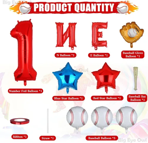 Vista 2 de Novato del año 1er cumpleaños decoraciones de béisbol papel de aluminio rojo número 1 globos conjunto de un primer cumpleaños suministros