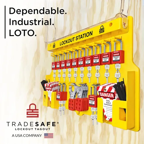 Vista 6 de TRADESAFE Estación de etiquetado de bloqueo con dispositivos Loto - Juego de 14 bloqueos de seguridad, 6 cerrojos, 40 etiquetas de no operación