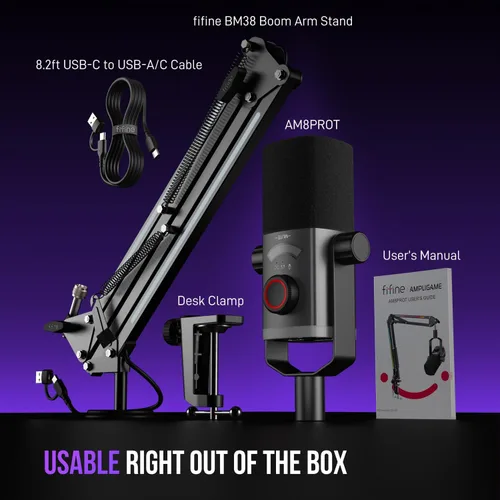 Vista 9 de Kit de micrófono de juego FIFINE, micrófono dinámico XLR/USB para PC con brazo articulado para grabación de podcast, juego de micrófono RGB