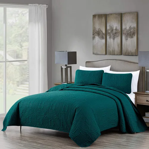 Vista 11 de Chezmoi Collection Austin - Juego de colcha tamaño matrimonial/doble, colcha de microfibra ligera acolchada Pinsonic de 3 piezas, color azul grisáceo