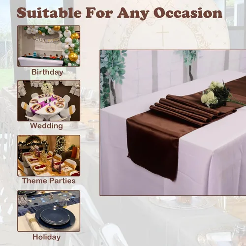 Vista 6 de Juego de 10 caminos de mesa satinados color marrón chocolate de 12 x 108 pulgadas de largo Premium Satin Table Runner, Smooth Silk Fabric