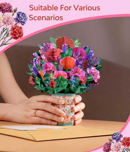 Vista 2 de Tarjeta emergente 3D floral colorida, tarjeta de felicitación de primavera para el día de la madre, Pascua, cumpleaños o aniversarios, tarjeta