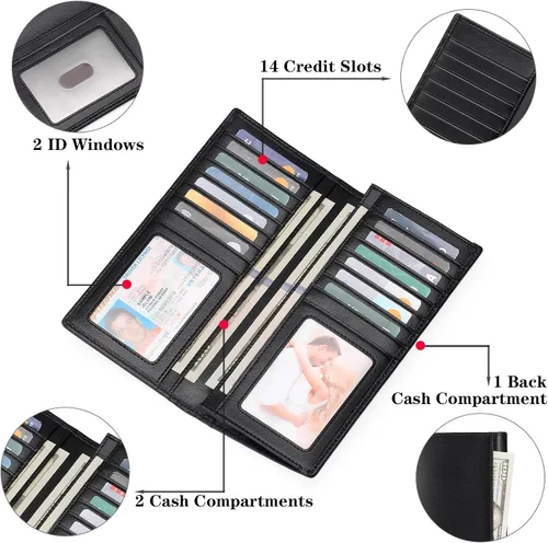 Vista 4 de FALAN MULE Cartera de cuero genuino con bloqueo RFID delgada con tarjetero largo plegable para tarjetas de crédito para hombres, Negro -, Moda