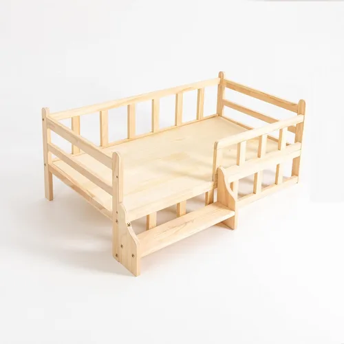 Vista 3 de Cama elevada de madera para mascotas con rieles, marco de cama de madera maciza para gatos, uso en interiores, grande, 37.8 x 22.1 pulgadas