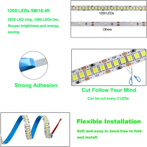 Vista 7 de Tira de luces LED, DC12V 5m/16.4ft regulable 2835 luces LED, súper brillante, 1200 LED, 24000 lm, tira de luces LED impermeable IP65, 2 veces más