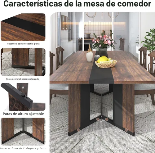 Vista 4 de Hlivelood - Mesa de comedor de 71 pulgadas para 6 personas, mesa de cocina rectangular moderna color marrón con superficie de madera impermeable