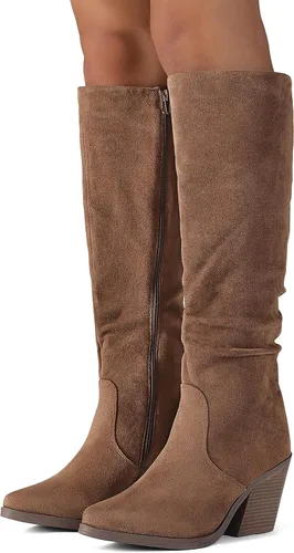 Vista 5 de Putu Botas altas hasta la rodilla con punta puntiaguda para mujer, botas de tacón grueso apiladas, con cremallera lateral, botas altas holgadas