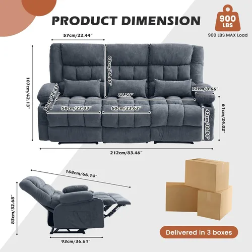 Vista 2 de MAHOMICO Sofá reclinable con portavasos para sala de estar, manual de 3 asientos, sillón reclinable de gran tamaño con ergonómico, bolsillo lateral