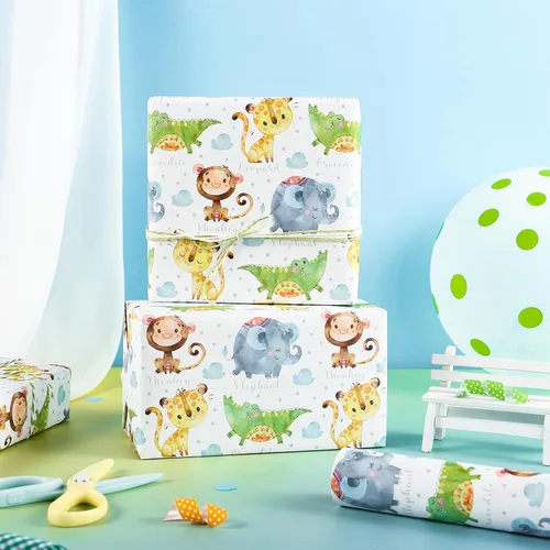 Vista 4 de WRAPAHOLIC Rollo de papel de regalo Kraft Animal - Mini Rollo - 17 pulgadas x 16.5 pies - Diseño de mono, elefante y dinosaurio lindos, perfecto