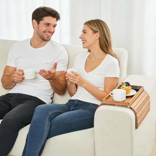 Vista 8 de GEHE Bandeja de madera de acacia para sofá, mesa auxiliar plegable para el brazo del sofá, mesa auxiliar con reposabrazos anticaídas, soporte