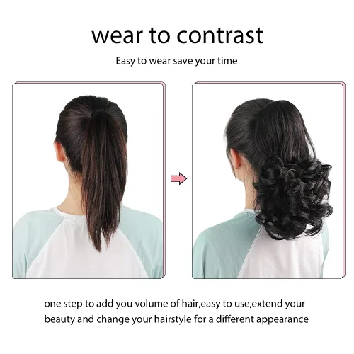 Vista 4 de Extensión de cola de caballo de color negro, pinza de extensiones de cabello rizado para mujer, extensiones de cabello sintético de cola de caballo