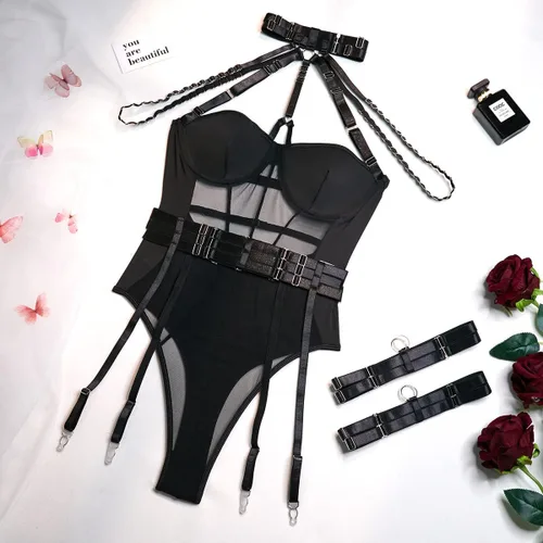 Vista 6 de 4UFIT Conjunto de lencería gótica con tiras para mujer, conjunto de gargantilla de malla, babydoll con liguero