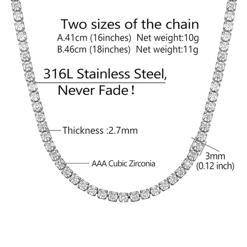 Vista 5 de Richsteel Collar de cadena de tenis de circonita cúbica transparente y negra de 0.118 in para mujeres y hombres, acero inoxidable de 1618 pulgadas