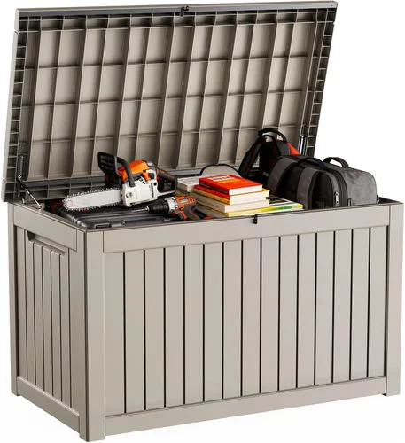 Vista 22 de DRATO Caja de almacenamiento para cubierta de 31 galones, caja de almacenamiento para exteriores para cojines de patio, herramientas de jardín, caja