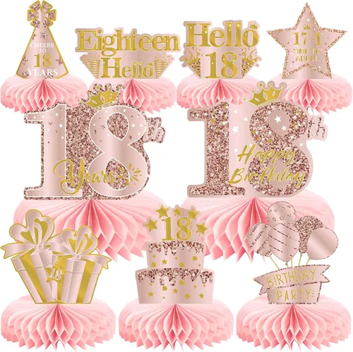 Vista 11 de 9 piezas de decoración de cumpleaños número 13, centros de mesa de cumpleaños rosa rosa dorado para niñas, centros de mesa de feliz cumpleaños 13
