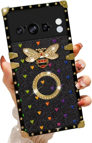 Vista 54 de nancheng Funda para Google Pixel 6 de lujo, diseño de abeja, corazón y abeja, chapado en oro, con anillo de diamante de 360°, correa de cordón