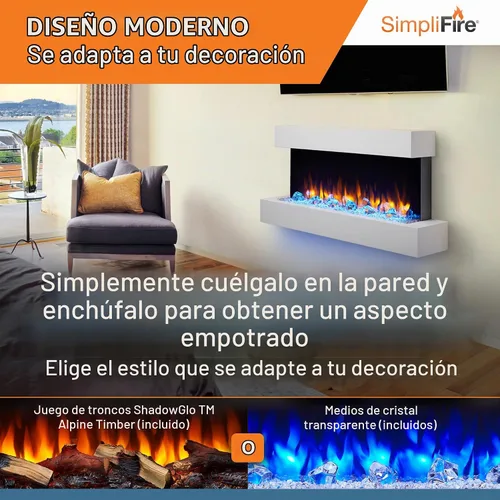 Vista 2 de SimpliFire Format Chimenea eléctrica de montaje en pared de 36 pulgadas con repisa flotante de 43 pulgadas (SF-FORMAT36-SF-FM43-WH)