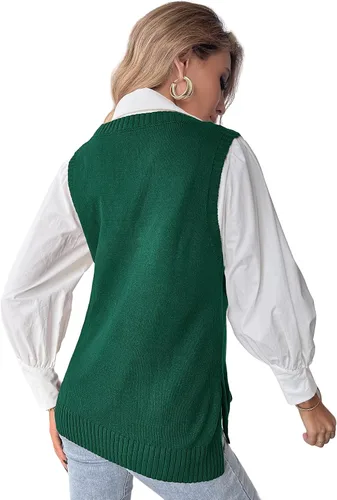 Vista 2 de Romwe Suéter de punto con cuello en V para mujer, color liso, con abertura lateral, sin mangas, holgada, blusa sin mangas