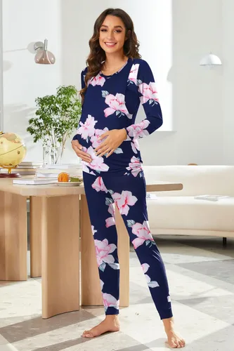 Vista 3 de Ekouaer Conjunto de ropa interior térmica de maternidad y lactancia, conjunto de pantalones largos de punto a rayas, capa base superior e inferior