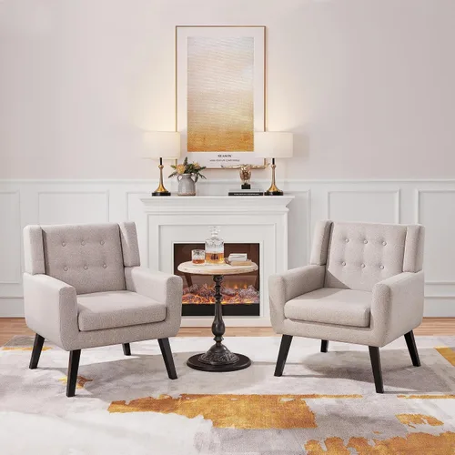 Vista 3 de Yaheetech Silla decorativa, moderno sillón copetudo con botones, sillas de tela de lino para sala de estar, dormitorio, cómoda silla de lectura