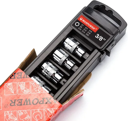 Vista 2 de MAXPOWER Juego de llaves E-Torx de 9 piezas de 3/8 pulgadas, E7 a E20, acero al cromo vanadio, reparación automotriz, incluye estante
