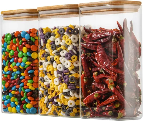 Vista 13 de D2scrma Contenedores herméticos rectangulares de vidrio de 37 onzas con tapas de bambú (juego de 4), tarro cuadrado de almacenamiento de alimentos