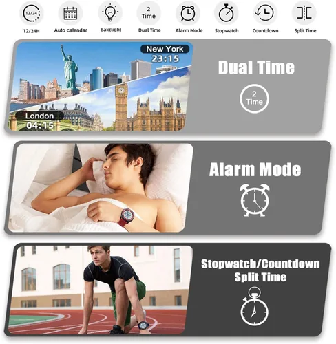 Vista 50 de Beeasy - Reloj digital de pulsera resistente al agua con cronómetro, alarma, cuenta regresiva, doble zona horaria, ultrafino, pantalla angular muy