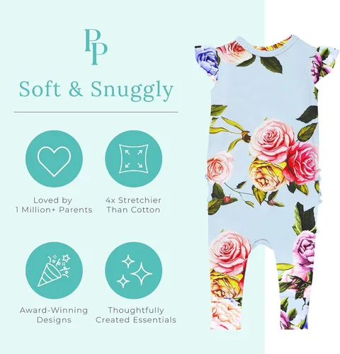 Vista 18 de Posh Peanut Mameluco de manga casquillo con volantes para bebé, ropa para niñas recién nacidas, pijama de una pieza para niños, viscosa suave