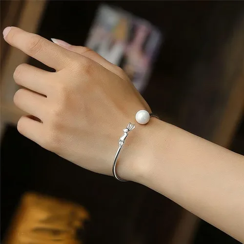 Vista 3 de Personality New Art - Pulsera abierta de plata de ley 925 con perlas de gato calidad